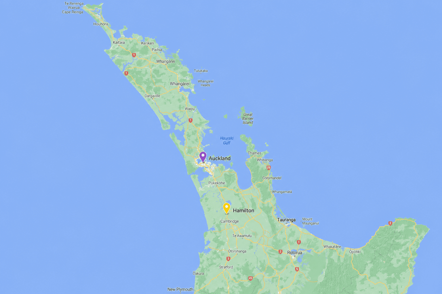 Road map of the North Island with Auckland and Hamilton depot locations marked